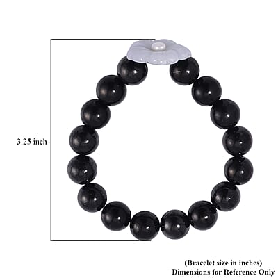 Natural Jade Carved Flower, Freshwater Pearl and Shungite Beaded Bracelet in Rhodium Over Sterling Silver (6.50-7.00In) 110.00 ctw