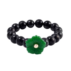 Green Jade Carved Flower (D), Peach Freshwater Pearl, Shungite Beaded Bracelet in Rhodium Over Sterling Silver (6.50-7.00In) 110.00 ctw
