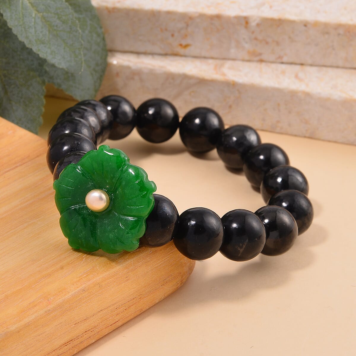 Green Jade Carved Flower (D), Peach Freshwater Pearl, Shungite Beaded Bracelet in Rhodium Over Sterling Silver (6.50-7.00In) 110.00 ctw image number 1