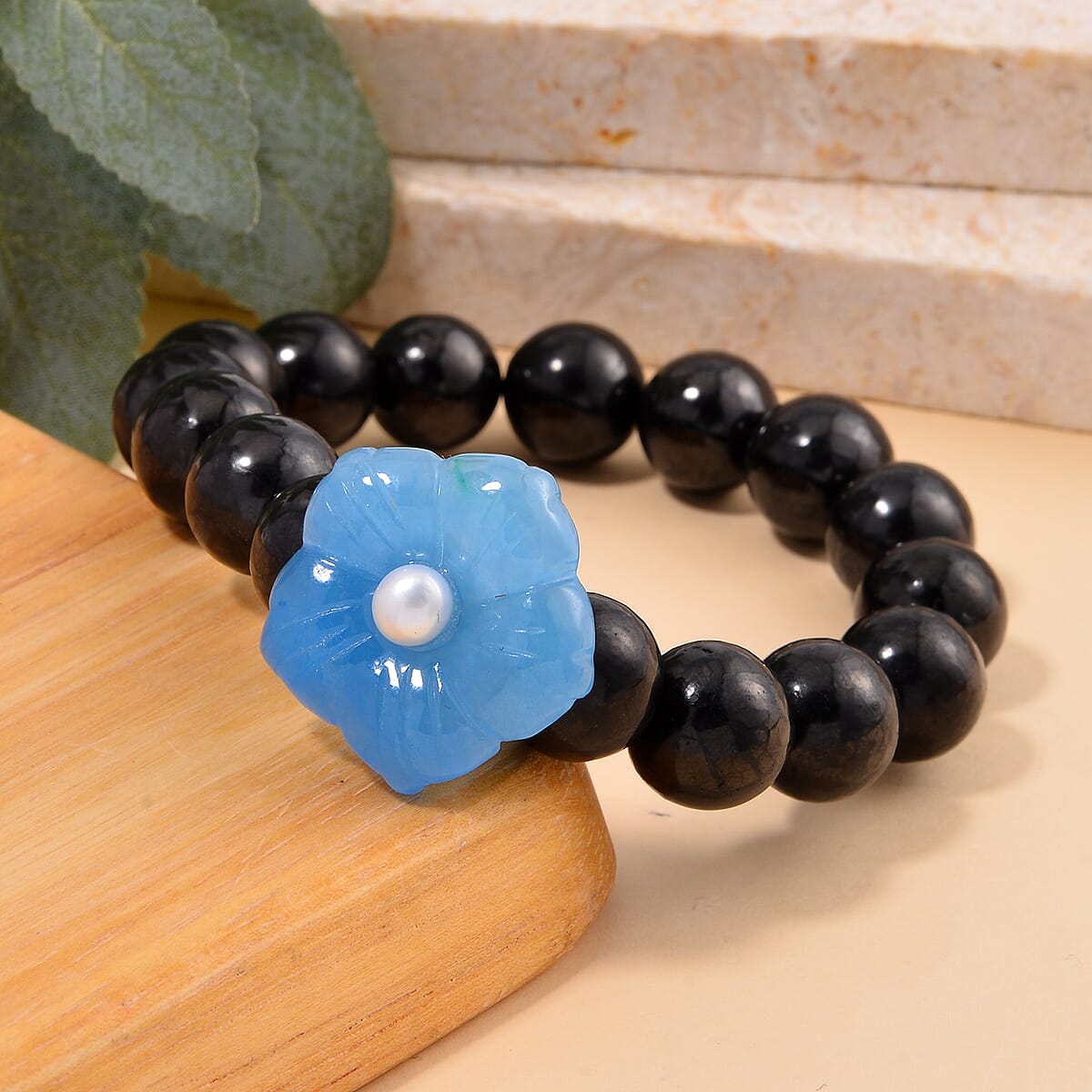 Blue Jade Carved Flower (D), Freshwater Pearl, Shungite Beaded Bracelet in Rhodium Over Sterling Silver (6.50-7.00In) 110.00 ctw image number 1