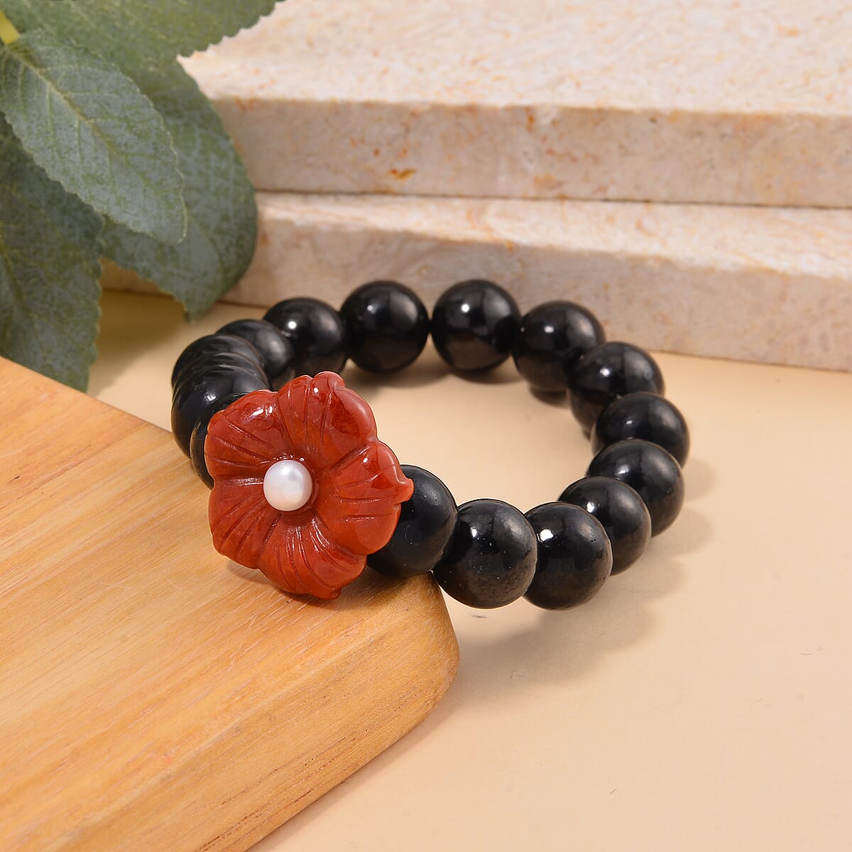 Red Jade Carved Flower (D), Freshwater Pearl, Shungite Beaded Bracelet in Rhodium Over Sterling Silver (6.50-7.00In) 110.00 ctw image number 1