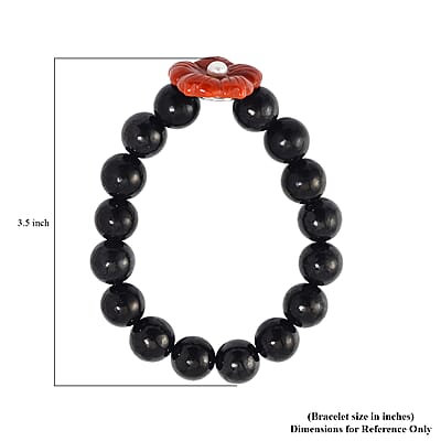Red Jade Carved Flower (D), Freshwater Pearl, Shungite Beaded Bracelet in Rhodium Over Sterling Silver (6.50-7.00In) 110.00 ctw