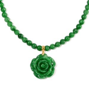 Green Jade (D) 368.00 ctw Carved Rose Pendant with Beaded Necklace in 18K Vermeil Yellow Gold Over Sterling Silver 20 Inches