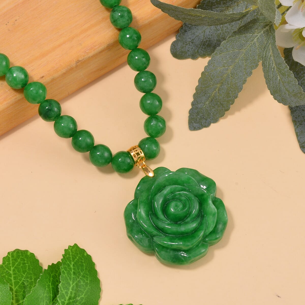 Green Jade (D) 368.00 ctw Carved Rose Pendant with Beaded Necklace in 18K Vermeil Yellow Gold Over Sterling Silver 20 Inches image number 1