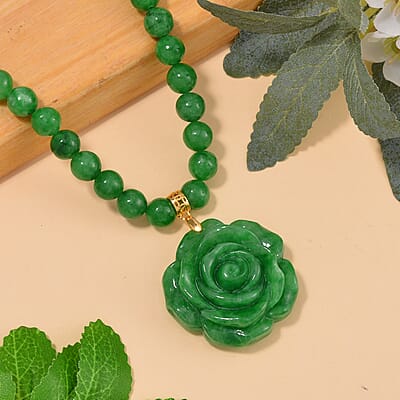 Green Jade (D) 368.00 ctw Carved Rose Pendant with Beaded Necklace in 18K Vermeil Yellow Gold Over Sterling Silver 20 Inches