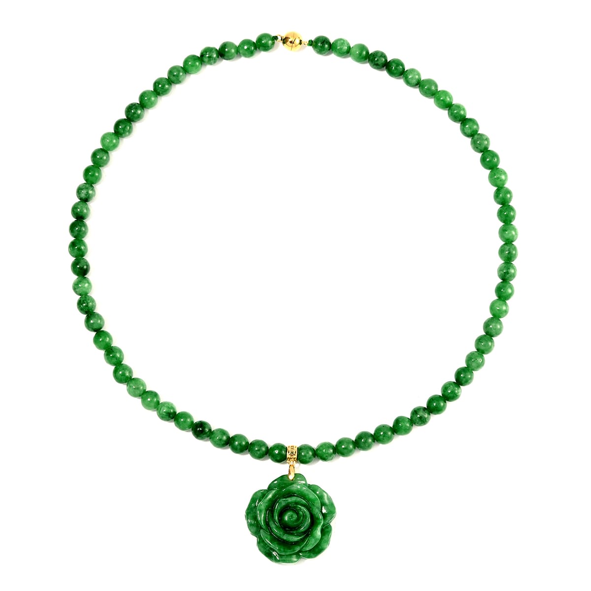 Green Jade (D) 368.00 ctw Carved Rose Pendant with Beaded Necklace in 18K Vermeil Yellow Gold Over Sterling Silver 20 Inches image number 2