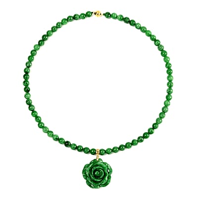 Green Jade (D) 368.00 ctw Carved Rose Pendant with Beaded Necklace in 18K Vermeil Yellow Gold Over Sterling Silver 20 Inches