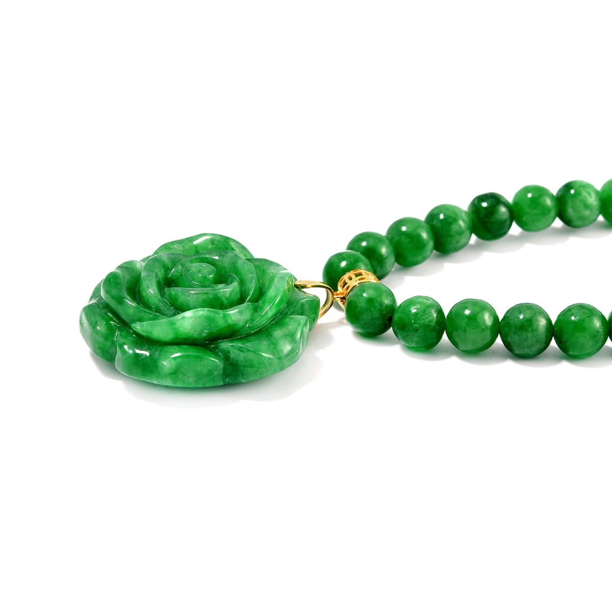 Green Jade (D) 368.00 ctw Carved Rose Pendant with Beaded Necklace in 18K Vermeil Yellow Gold Over Sterling Silver 20 Inches image number 3
