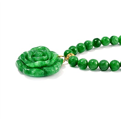 Green Jade (D) 368.00 ctw Carved Rose Pendant with Beaded Necklace in 18K Vermeil Yellow Gold Over Sterling Silver 20 Inches