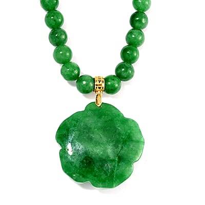 Green Jade (D) 368.00 ctw Carved Rose Pendant with Beaded Necklace in 18K Vermeil Yellow Gold Over Sterling Silver 20 Inches