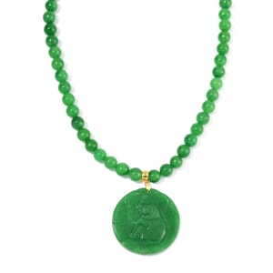 Green Jade (D) 403.00 ctw Carved Elephant Pendant with Beaded Necklace in 14K Yellow Gold Over Sterling Silver 20 Inches