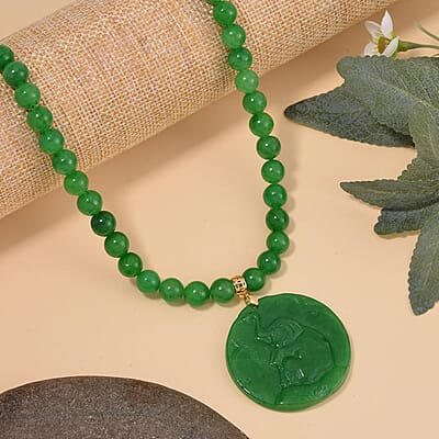 Green Jade (D) 403.00 ctw Carved Elephant Pendant with Beaded Necklace in 14K Yellow Gold Over Sterling Silver 20 Inches