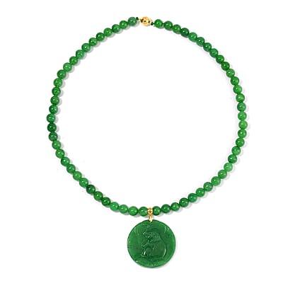 Green Jade (D) 403.00 ctw Carved Elephant Pendant with Beaded Necklace in 14K Yellow Gold Over Sterling Silver 20 Inches