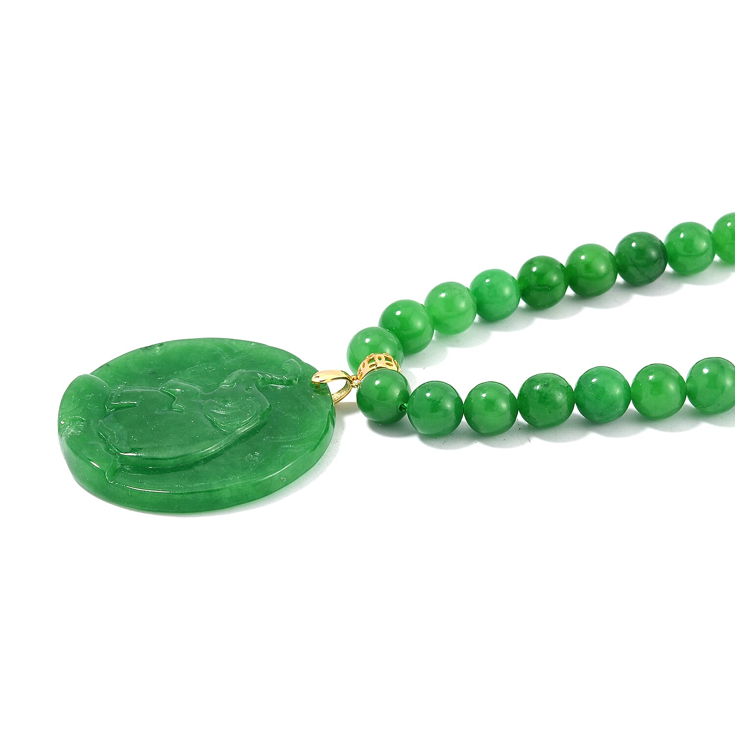 Green Jade (D) 403.00 ctw Carved Elephant Pendant with Beaded Necklace in 14K Yellow Gold Over Sterling Silver 20 Inches