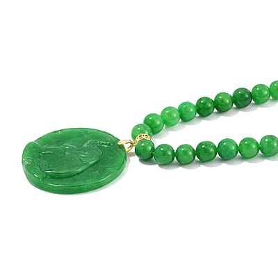 Green Jade (D) 403.00 ctw Carved Elephant Pendant with Beaded Necklace in 14K Yellow Gold Over Sterling Silver 20 Inches
