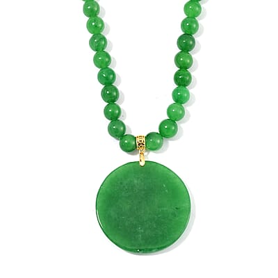 Green Jade (D) 403.00 ctw Carved Elephant Pendant with Beaded Necklace in 14K Yellow Gold Over Sterling Silver 20 Inches