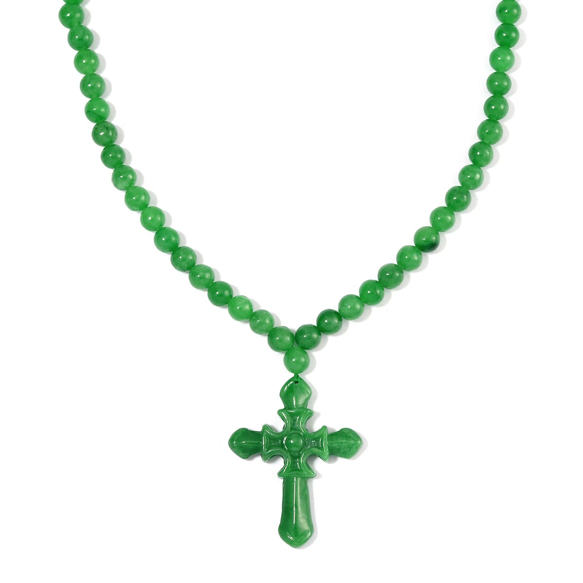 Green Jade (D) 308.00 ctw Cross Carved Pendant with Beaded Necklace in Rhodium Over Sterling Silver 20 Inches image number 0