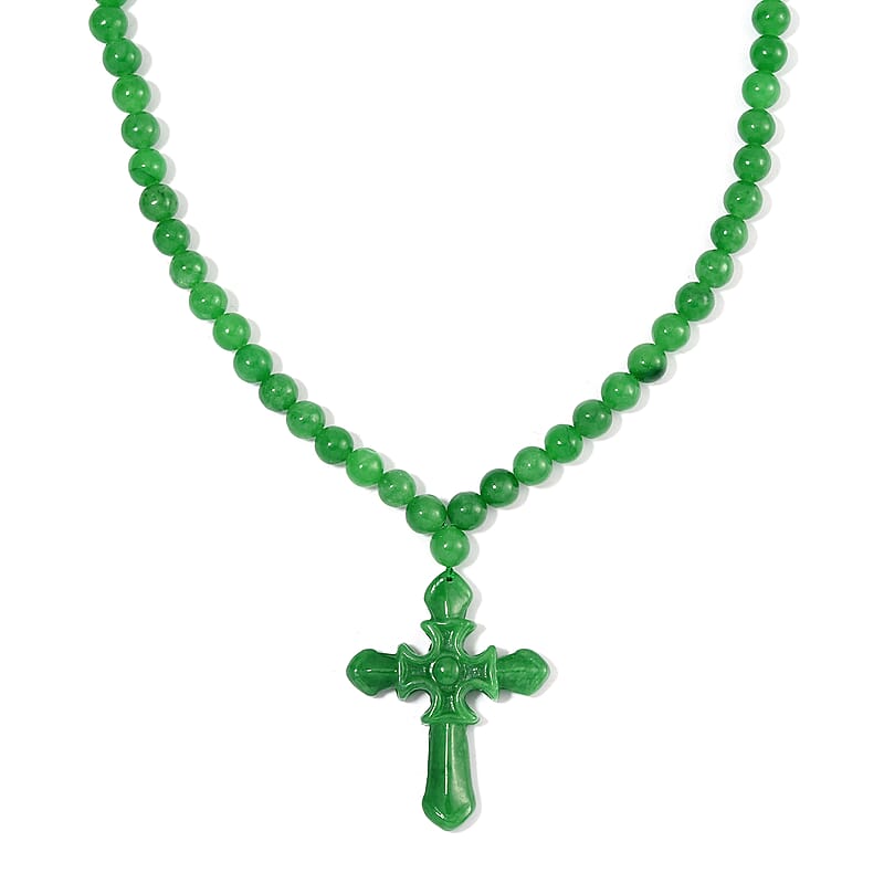 Green Jade (D) 308.00 ctw Cross Carved Pendant with Beaded Necklace in Rhodium Over Sterling Silver 20 Inches