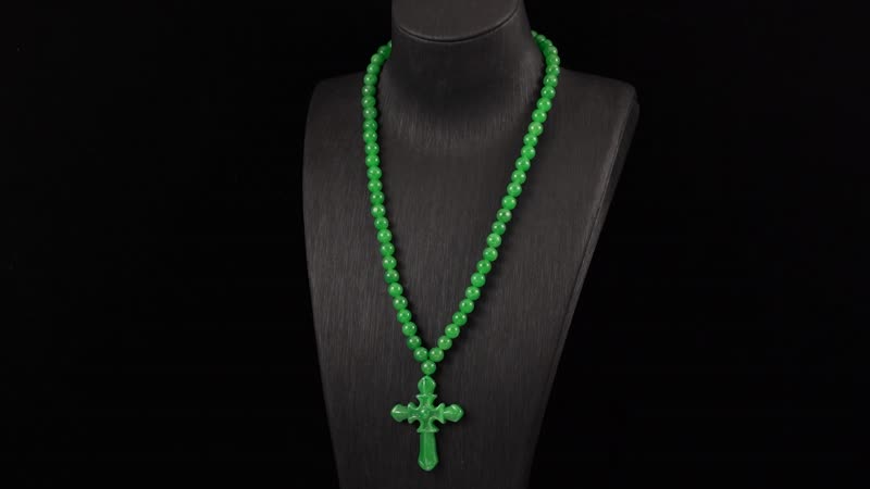 Green Jade (D) 308.00 ctw Cross Carved Pendant with Beaded Necklace in Rhodium Over Sterling Silver 20 Inches