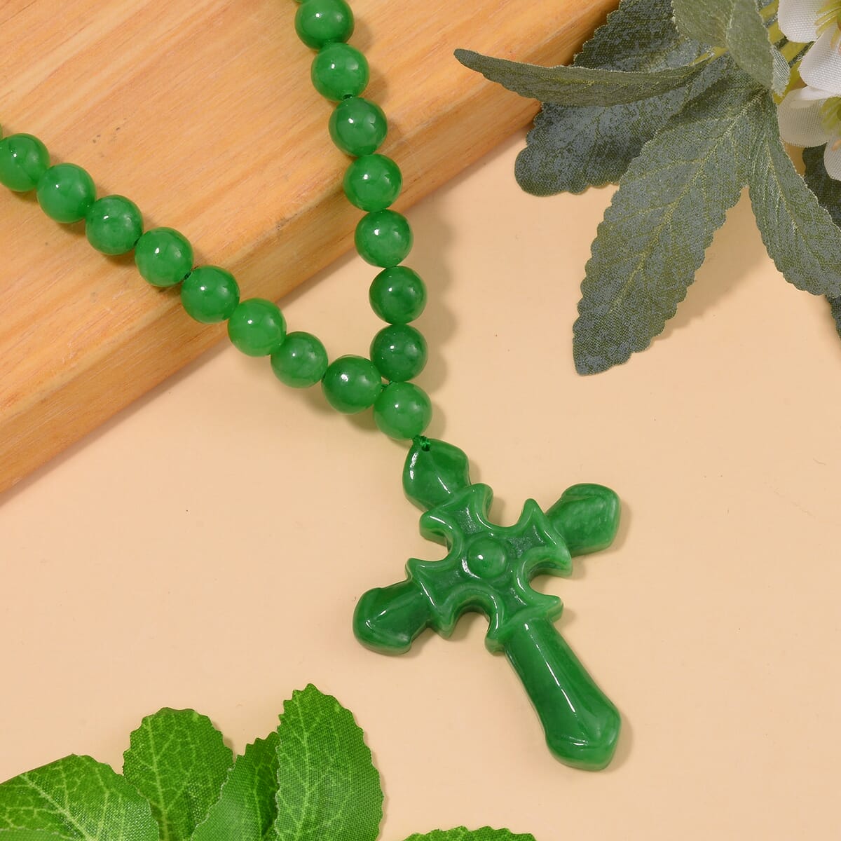 Green Jade (D) 308.00 ctw Cross Carved Pendant with Beaded Necklace in Rhodium Over Sterling Silver 20 Inches image number 1