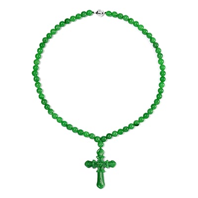 Green Jade (D) 308.00 ctw Cross Carved Pendant with Beaded Necklace in Rhodium Over Sterling Silver 20 Inches