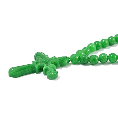Green Jade (D) 308.00 ctw Cross Carved Pendant with Beaded Necklace in Rhodium Over Sterling Silver 20 Inches