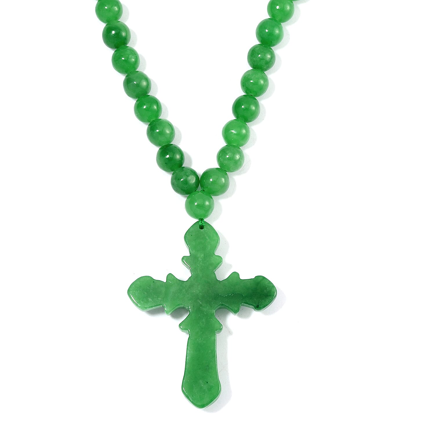 Green Jade (D) 308.00 ctw Cross Carved Pendant with Beaded Necklace in Rhodium Over Sterling Silver 20 Inches