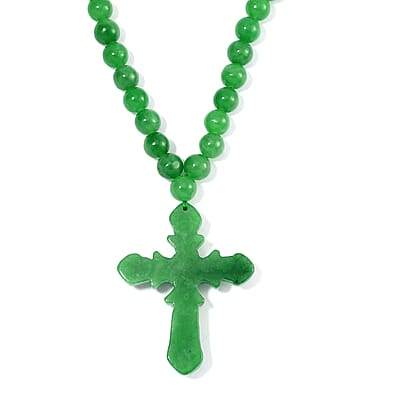 Green Jade (D) 308.00 ctw Cross Carved Pendant with Beaded Necklace in Rhodium Over Sterling Silver 20 Inches