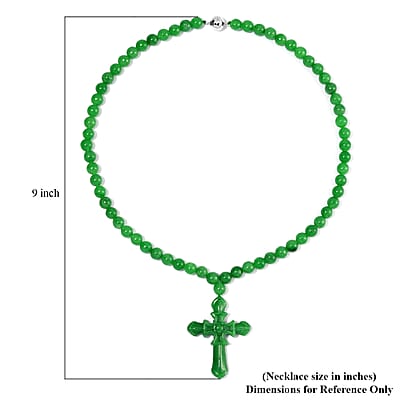 Green Jade (D) 308.00 ctw Cross Carved Pendant with Beaded Necklace in Rhodium Over Sterling Silver 20 Inches