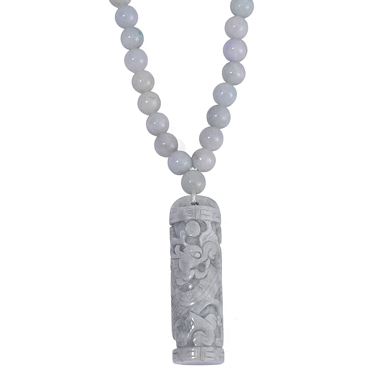 Natural Jade Carved Dragon Beaded Necklace 20 Inches in Rhodium Over Sterling Silver 308.00 ctw