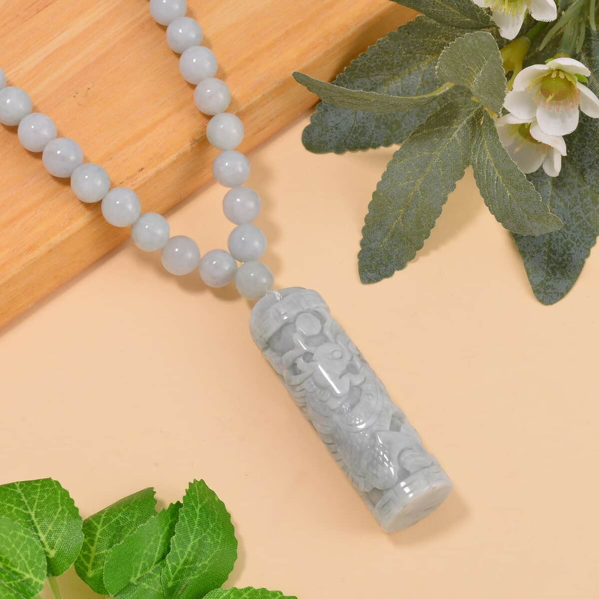 Natural Jade Carved Dragon Beaded Necklace 20 Inches in Rhodium Over Sterling Silver 308.00 ctw image number 1