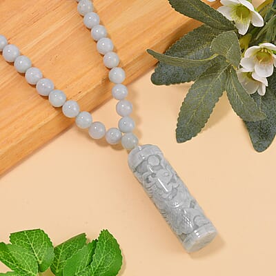 Natural Jade Carved Dragon Beaded Necklace 20 Inches in Rhodium Over Sterling Silver 308.00 ctw