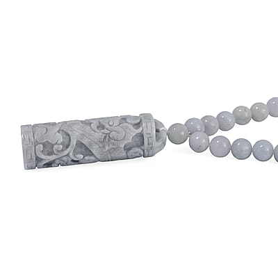 Natural Jade Carved Dragon Beaded Necklace 20 Inches in Rhodium Over Sterling Silver 308.00 ctw