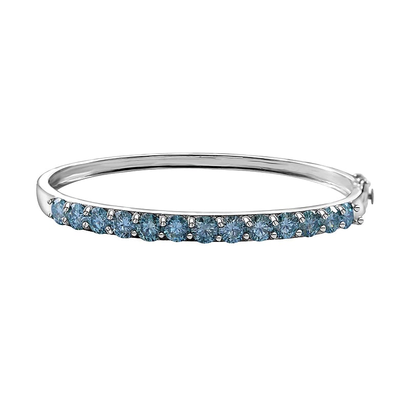 Blue Moissanite Bangle Bracelet in Platinum Over Sterling Silver (6.50 In) 6.50 ctw
