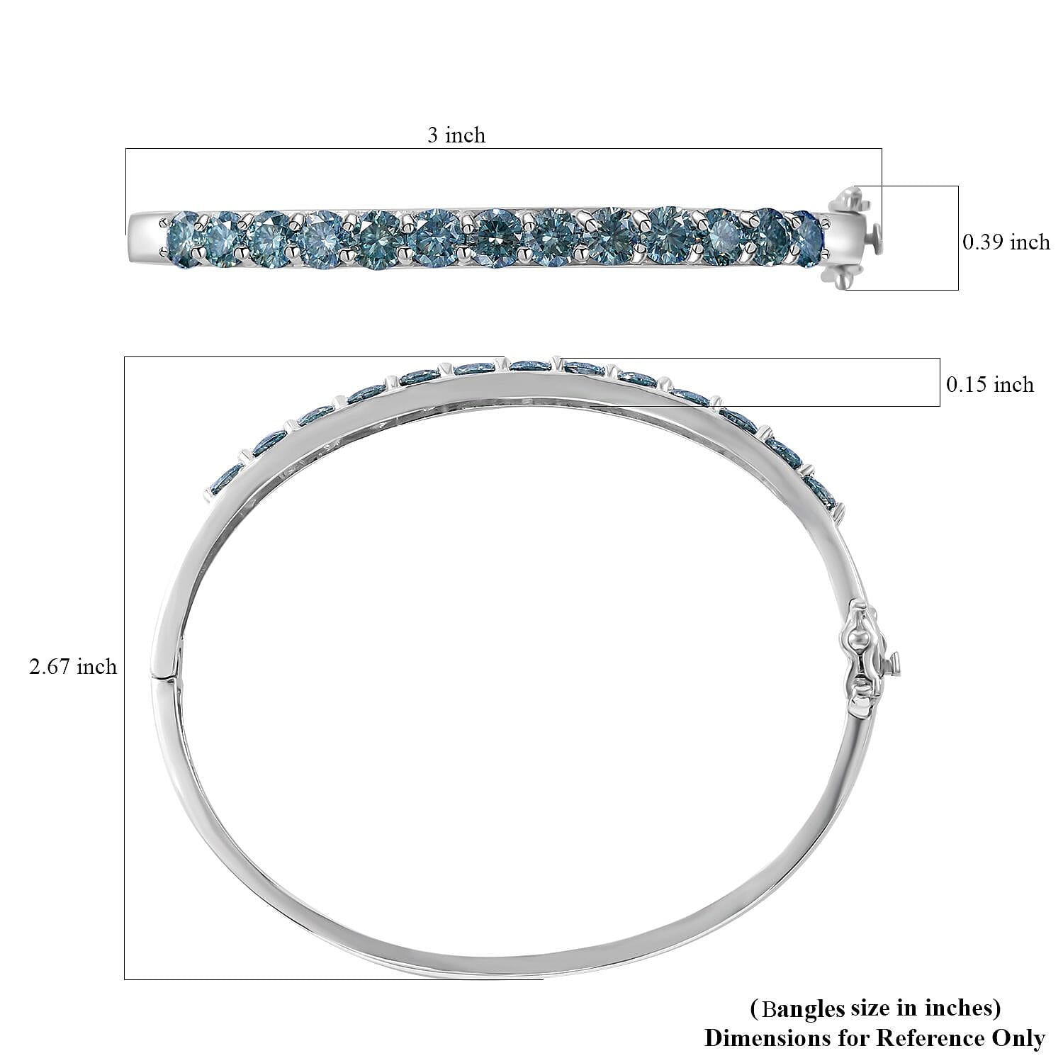 Blue Moissanite Bangle Bracelet in Platinum Over Sterling Silver (6.50 In) 6.50 ctw
