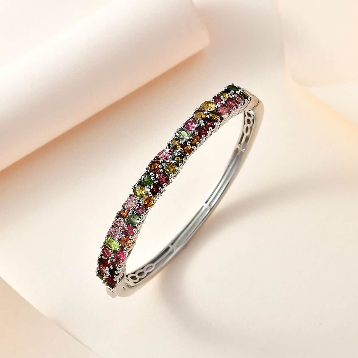 Multi-Tourmaline Bangle Bracelet in Platinum Over Sterling Silver (6.50 In) 7.10 ctw image number 1