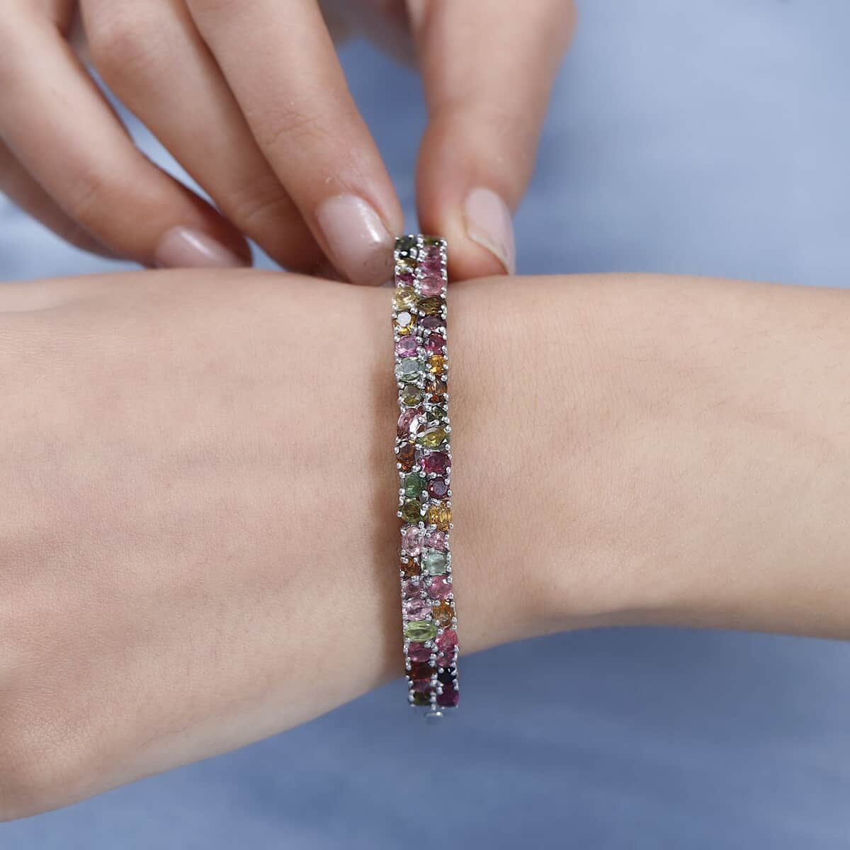 Multi-Tourmaline Bangle Bracelet in Platinum Over Sterling Silver (6.50 In) 7.10 ctw image number 2