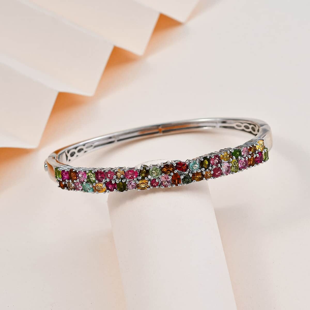 Multi-Tourmaline Bangle Bracelet in Platinum Over Sterling Silver (7.25 In) 7.10 ctw image number 1