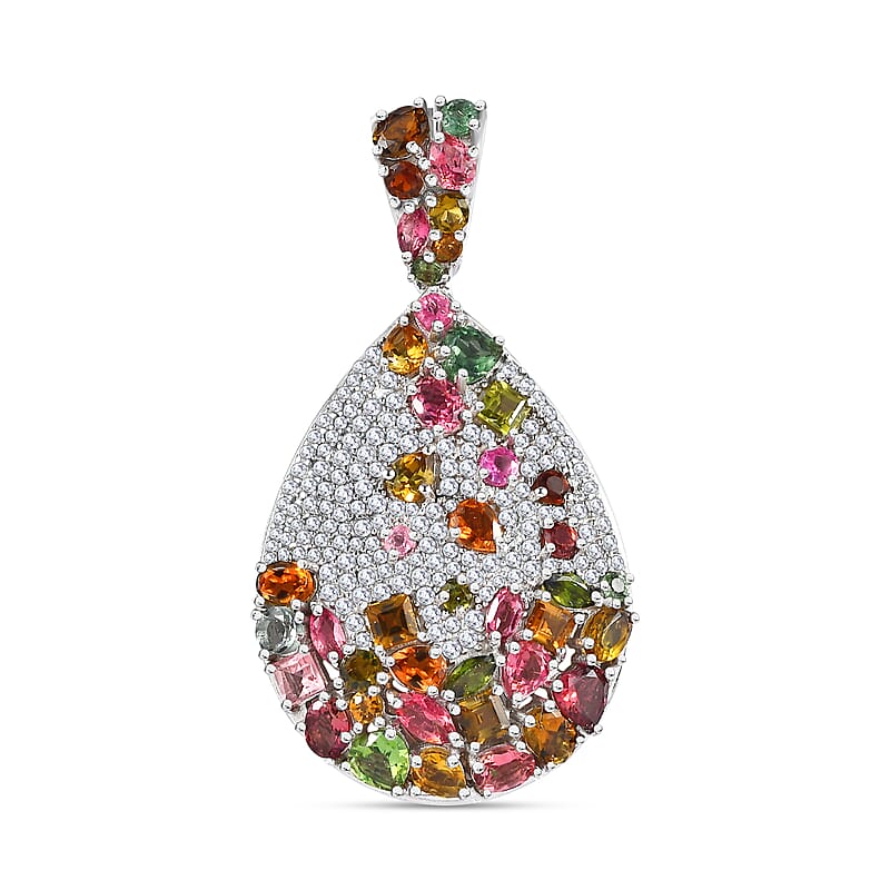 Multi-Tourmaline and Moissanite 6.60 ctw Pendant without Chain in Platinum Over Sterling Silver