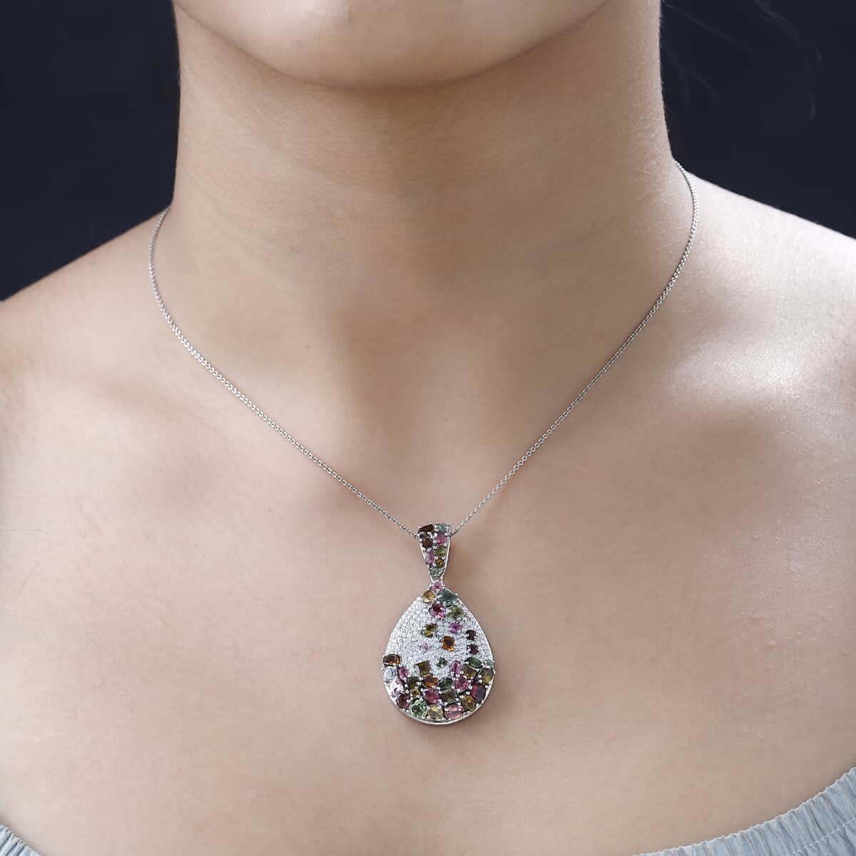 Multi-Tourmaline and Moissanite Pendant in Platinum Over Sterling Silver 6.60 ctw image number 2