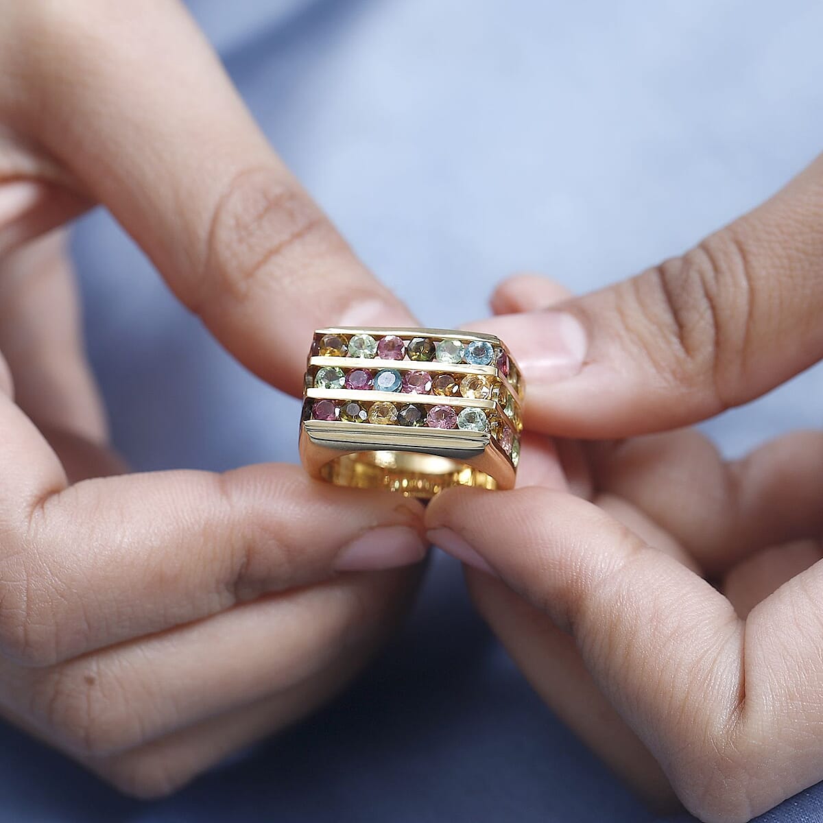 Multi-Tourmaline Men's Ring in Vermeil Yellow Gold Over Sterling Silver (Size 13.0) 4.65 ctw image number 2