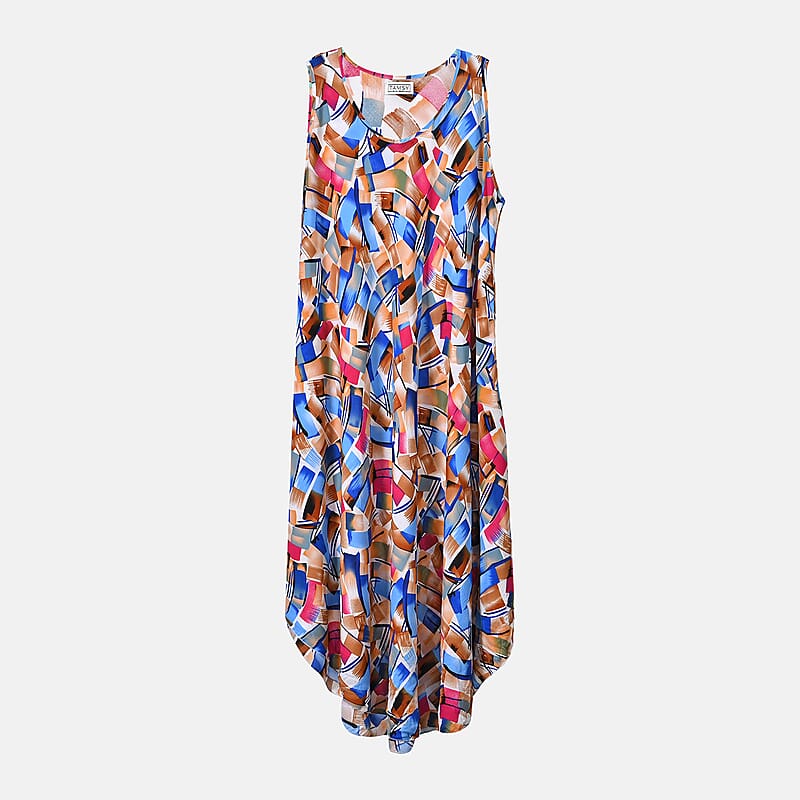 Tamsy Blue Art A-Line Viscose Sleeveless Dress - One Size Plus