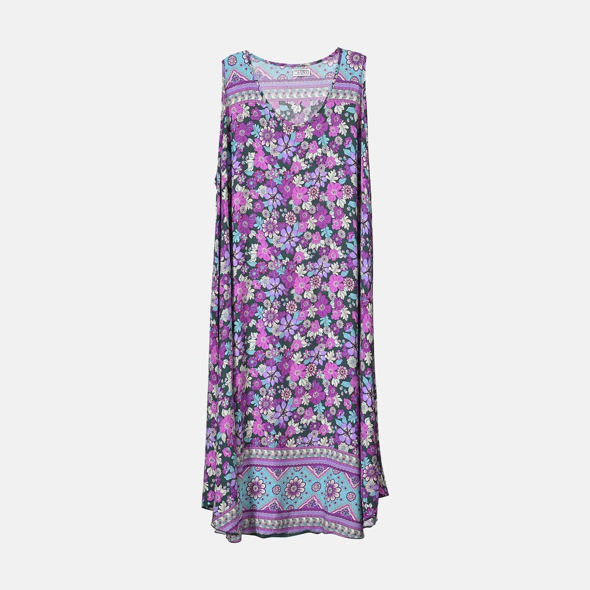 Tamsy Purple Floral A-Line Viscose Sleeveless Dress - One Size Plus image number 0