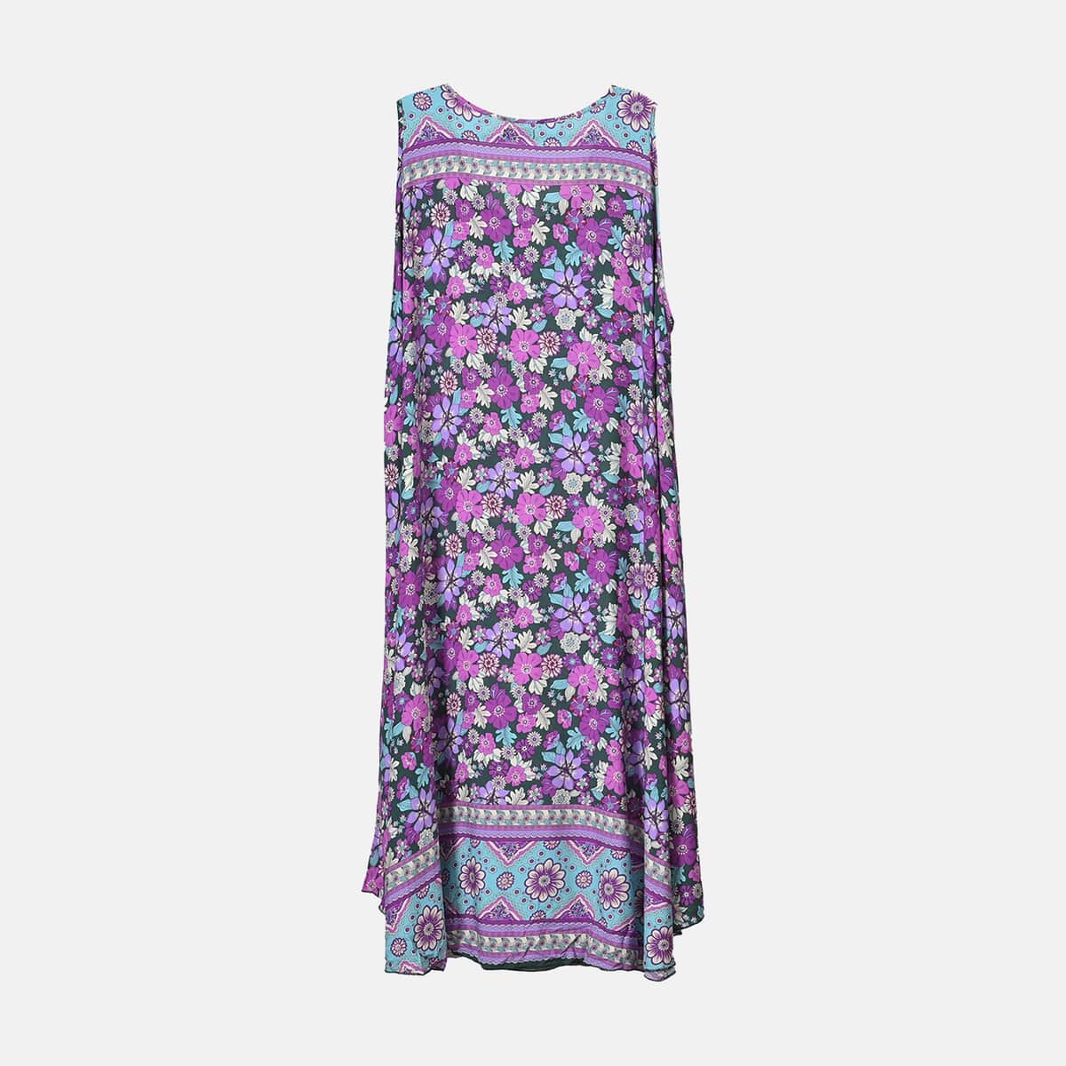 Tamsy Purple Floral A-Line Viscose Sleeveless Dress - One Size Plus image number 1