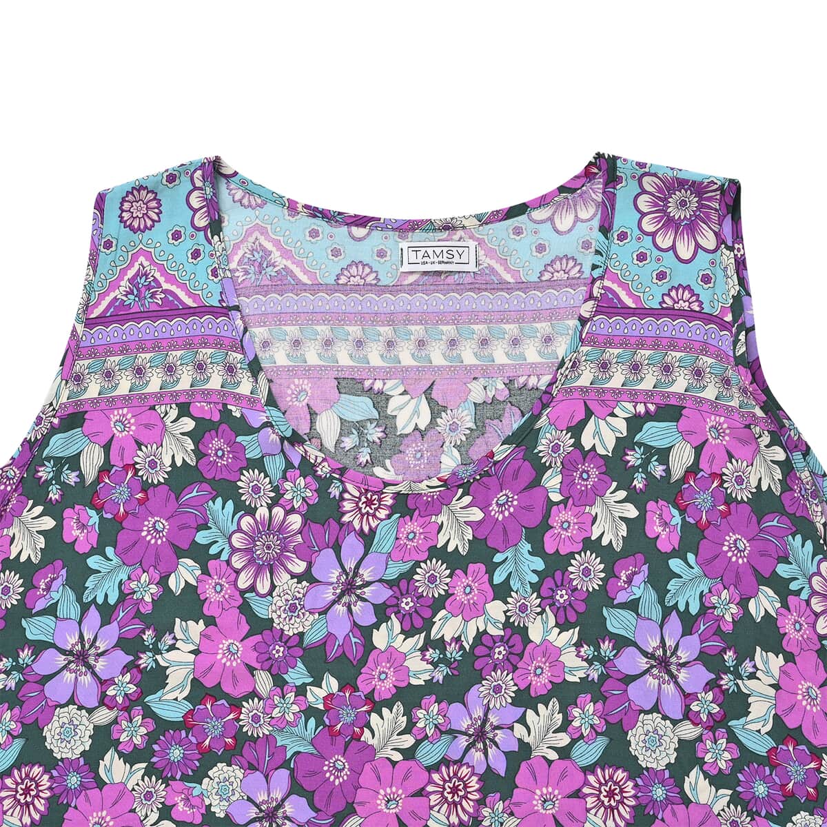 Tamsy Purple Floral A-Line Viscose Sleeveless Dress - One Size Plus image number 2