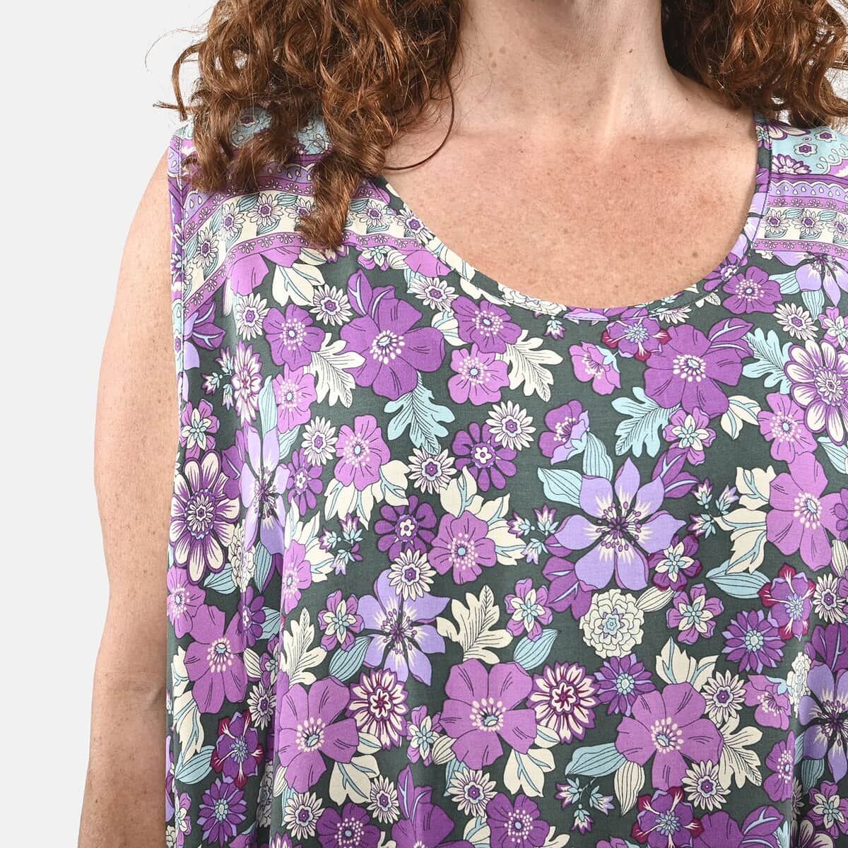 Tamsy Purple Floral A-Line Viscose Sleeveless Dress - One Size Plus image number 4