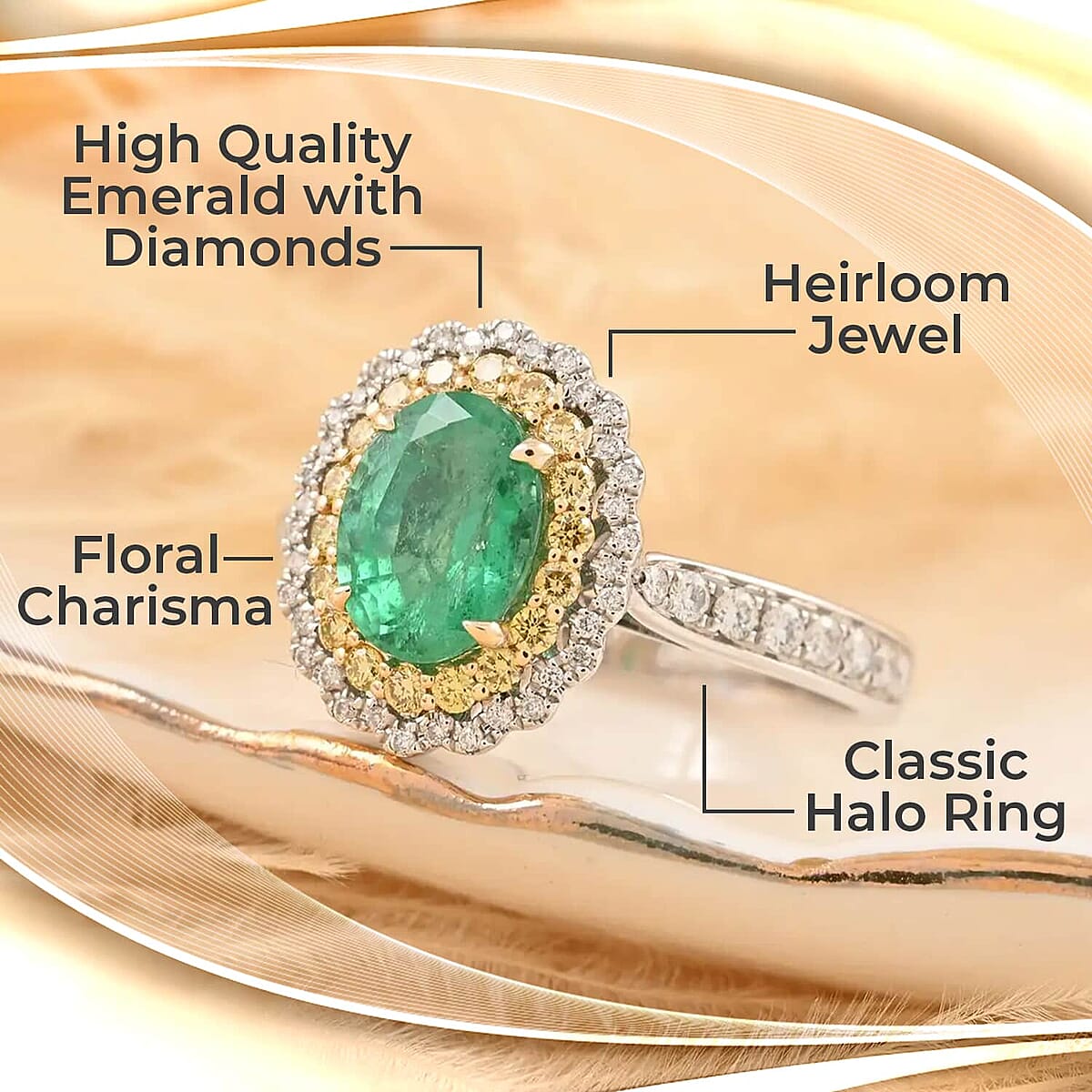 Modani Emerald, Natural Yellow and White Diamond Accent 1.80 ctw Ring in 14K White Gold, Double Halo Ring, Diamond Halo Ring, Wedding Ring (Size 6) image number 1