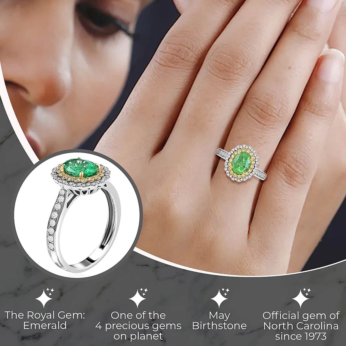 Modani Emerald, Natural Yellow and White Diamond Accent 1.80 ctw Ring in 14K White Gold, Double Halo Ring, Diamond Halo Ring, Wedding Ring (Size 6) image number 2