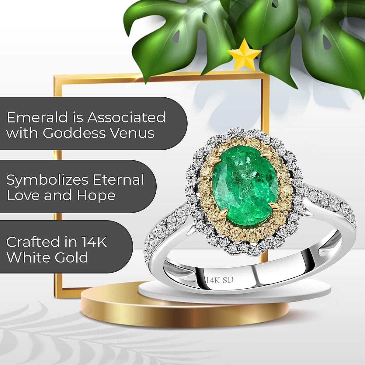 Modani Emerald, Natural Yellow and White Diamond Accent 1.80 ctw Ring in 14K White Gold, Double Halo Ring, Diamond Halo Ring, Wedding Ring (Size 6) image number 3