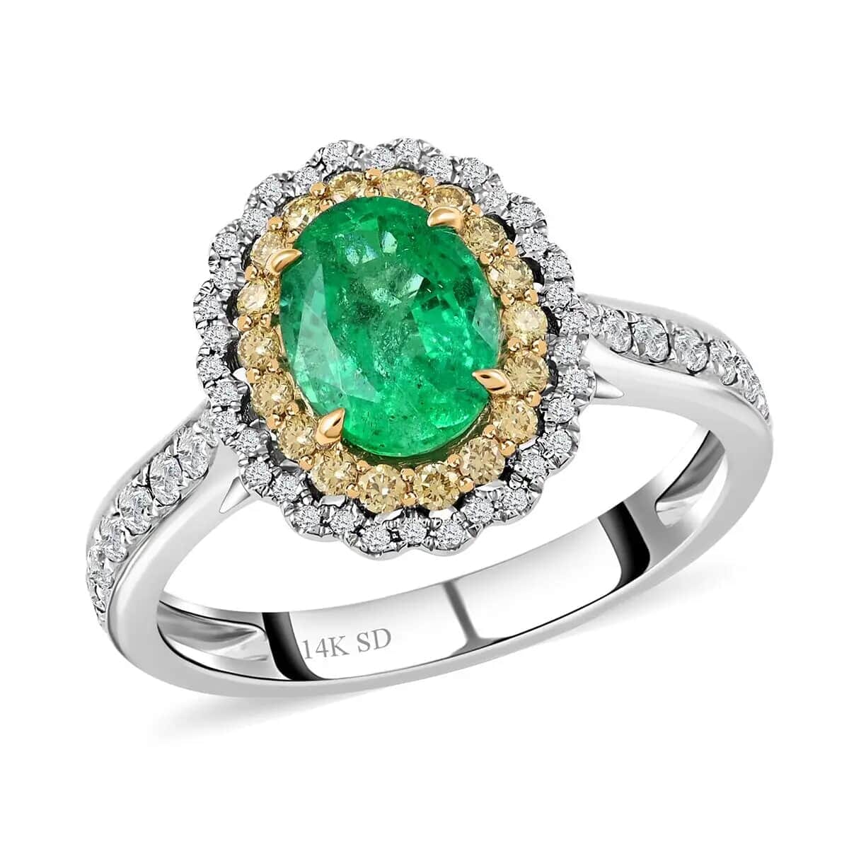 Modani Emerald, Natural Yellow and White Diamond Accent 1.80 ctw Ring in 14K White Gold, Double Halo Ring, Diamond Halo Ring, Wedding Ring (Size 9) image number 0